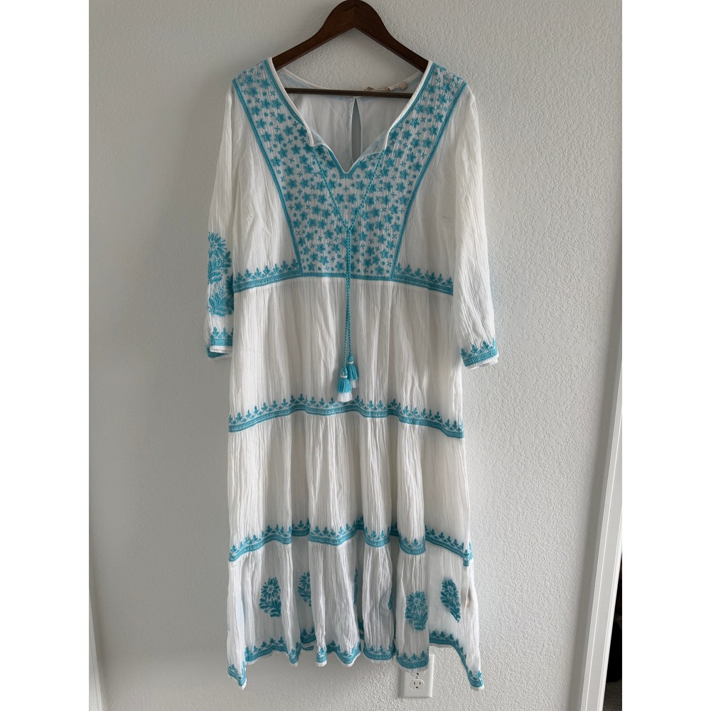 Soft Surroundings Juniper Embroidered XL White Turquoise Summer Graduation Dress - Picture 5 of 11